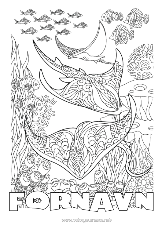 Fargeleggingssiden til utskrift Mandala Hav Dyr Fisk Komplekse fargelegginger Zentangle Rogna Marin eller akvatisk dyr