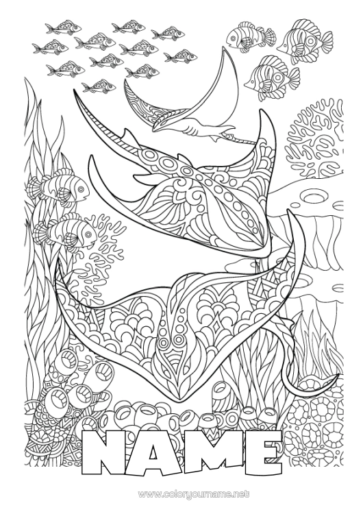 Colouring page to print Mandala Sea Animal Fish Complex Colouring Pages Zentangle Skate Marine Or Aquatic Animals