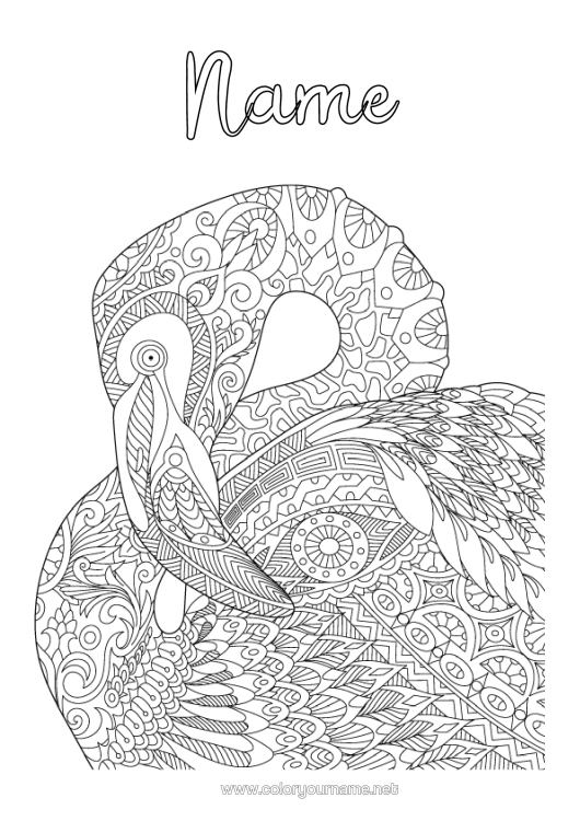 Colouring page to print Mandala Animal Complex Colouring Pages Pink Flamingo Birds And Flying Mammals