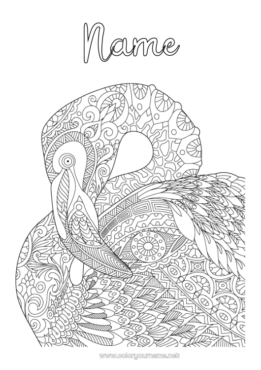 Coloring page to print Mandala Animal Complex coloring pages Pink flamingo Flying birds and mammals