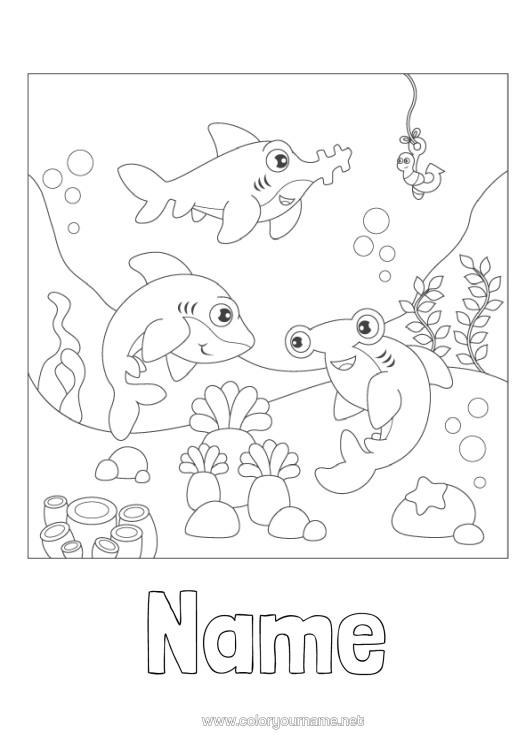 Colouring page to print Sea Animal Shark Marine Or Aquatic Animals Hammerhead Shark