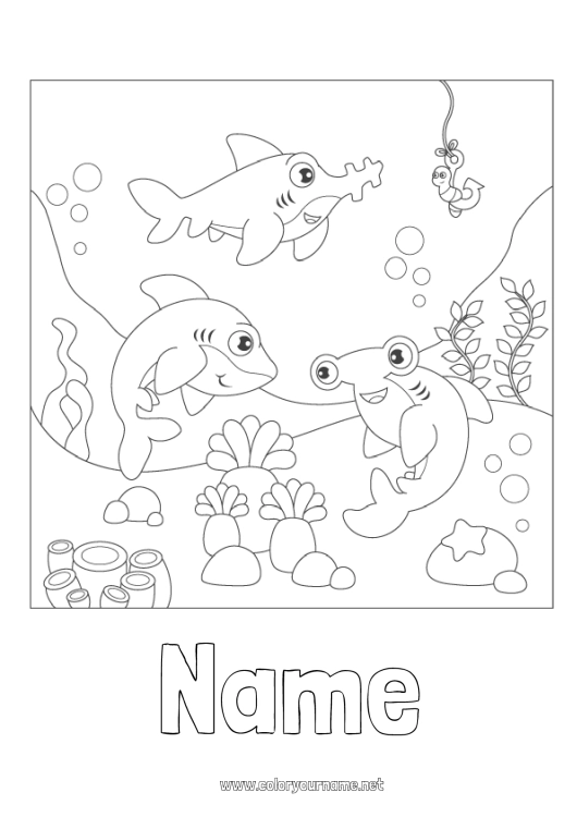 Coloring page to print Sea Shark Marine or aquatic animals Hammerhead Shark