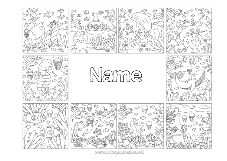 Colouring page to print Whale Jellyfish Sea Vehicles Animal Dolphin Fish Boat Seahorse Crab Marine Or Aquatic Animals Diving Submarine Marine Vehicles Water Sports