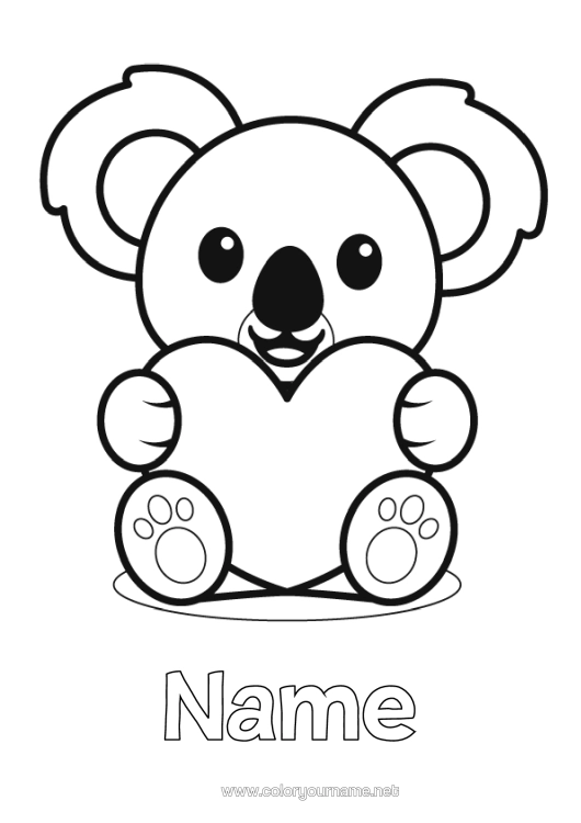 Colouring page to print Cute Heart Cute I Love You. Animal Koala Easy Colouring Pages Other Animals Of The World Animals Of Australia