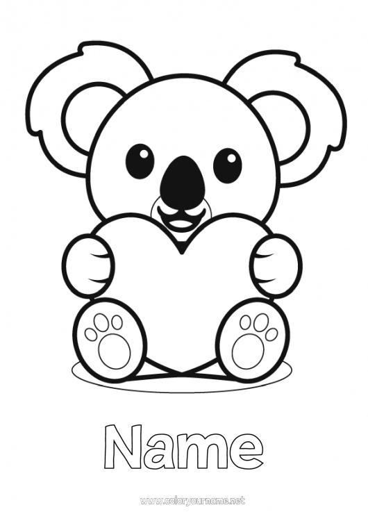 Coloring page to print Cute Heart Kawaii I love you Animal Koala Easy coloring pages Other animals of the world