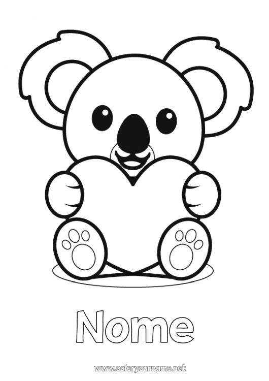 Pagina da colorare da stampare Carino Cuore Kawaii Ti amo Animale Koala Disegni da colorare facili Altri animali del mondo