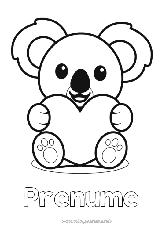 Pagină de colorat de imprimat Drăguț Inimă Drăguț Te iubesc. Animal Koala Desene de colorat ușoare Alte animale din lume