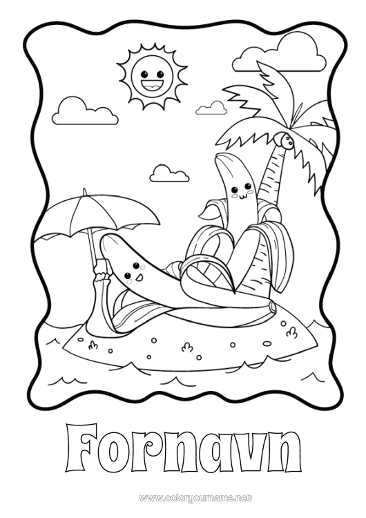 Fargeleggingssiden til utskrift Strand Palme Frukter Parasol -> Parasol Banan