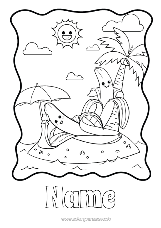 Colouring page to print Beach Palm Tree Fruit Parasol Banana