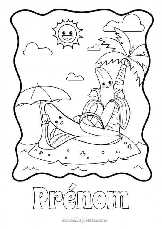 Coloriage à imprimer Plage Palmier Fruits Parasol Banane