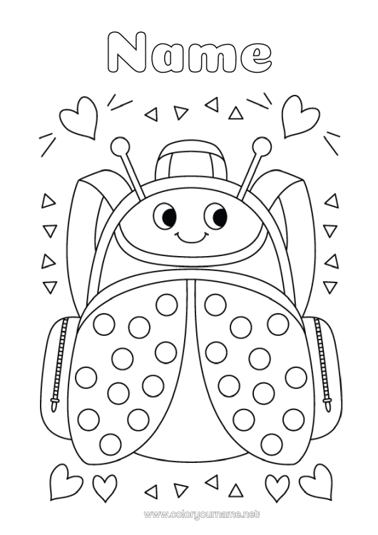 Colouring page to print Heart Animal Ladybird Insects School Bag
