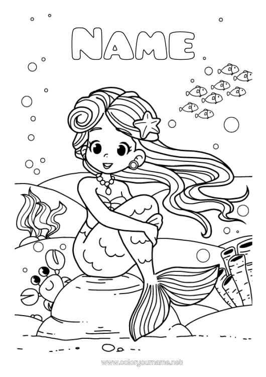 Colouring page to print Sea Fish Siren Crab Marine Or Aquatic Animals
