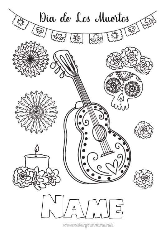 Colouring page to print Skull Day Of The Dead Music Music Day