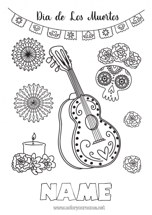 Coloring page to print Skull Día de los Muertos Music World Music Day