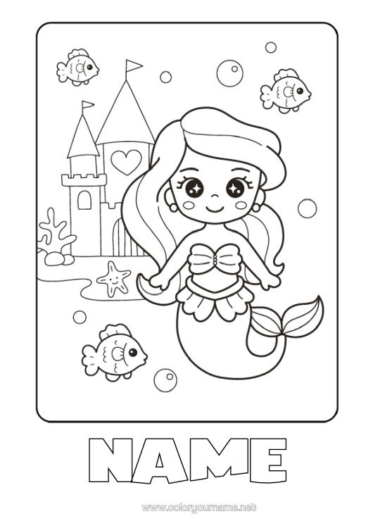 Colouring page to print Cute Princess Siren Fairy Tale Cartoon Famous Princess