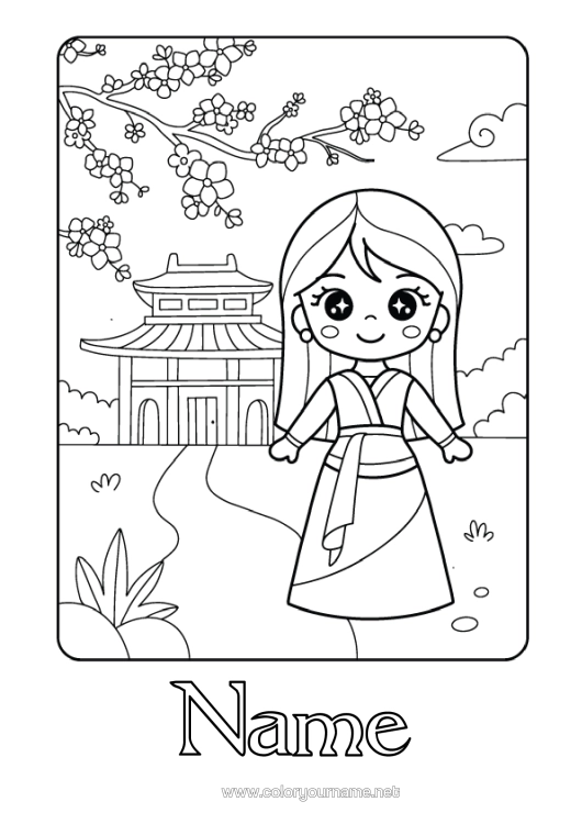 Colouring page to print Cute Princess Fairy Tale Cartoon Famous Princess Cherry Tree Pagoda