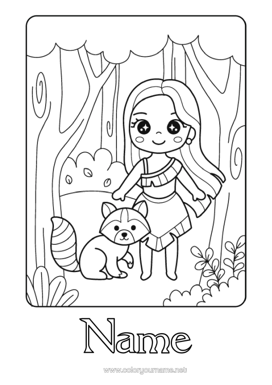 Colouring page to print Cute Princess Fairy Tale Forest Animals Cartoon Famous Princess Raccoon