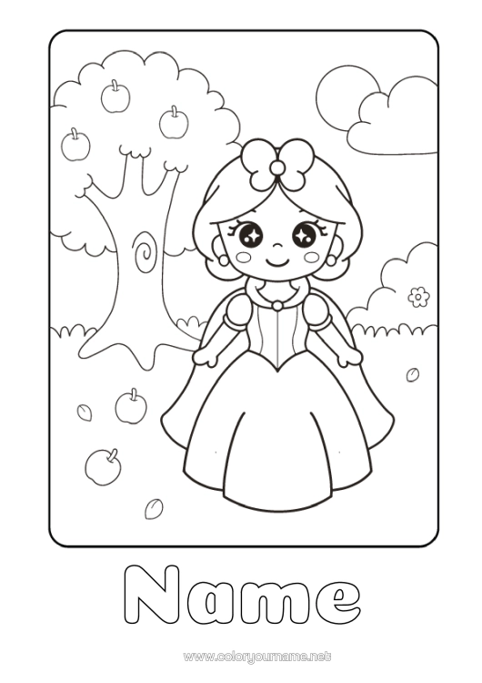 Colouring page to print Cute Princess Fairy Tale Fruit Apple Cartoon Famous Princess Children's Tales Snow White