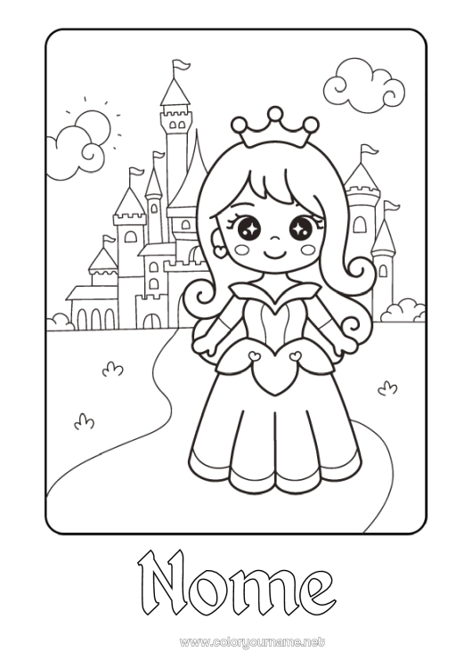 Pagina da colorare da stampare Castello Kawaii Principessa Fiaba Cartone animato Principessa famosa