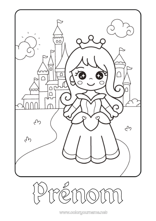 Coloriage à imprimer Château Kawaii Princesse Conte de fées Dessin animé Princesse célèbre