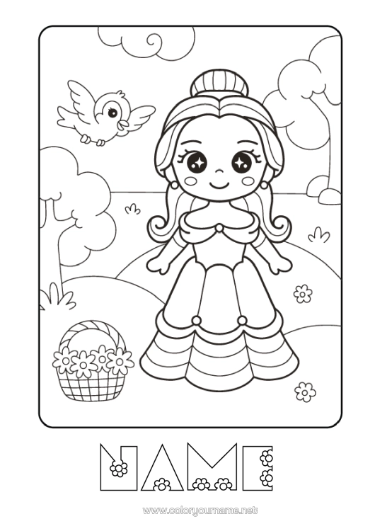 Colouring page to print Cute Bird Princess Basket Fairy Tale Birds And Flying Mammals Cartoon Famous Princess