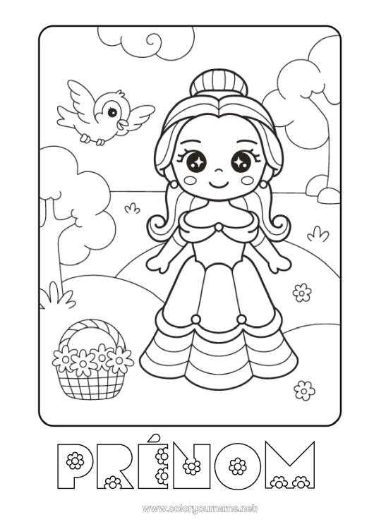 Coloriage à imprimer Kawaii Oiseau Princesse Panier Conte de fées Oiseaux et mammifères volants Dessin animé Princesse célèbre