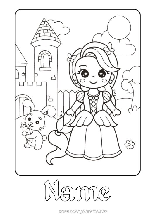 Coloring page to print Castle Kawaii Bunny Princess Fairy tale Forest animals Animated cartoon Famous princess