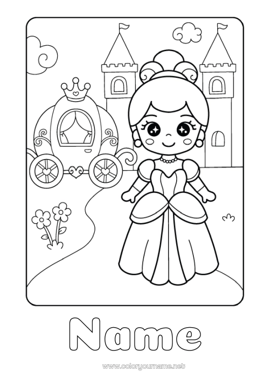 Coloring page to print Pumpkin Castle Kawaii Princess Fairy tale Carriages and coaches Historical or vintage vehicles Animated cartoon Famous princess Cinderella