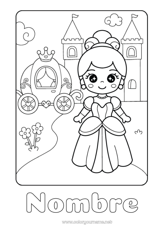 Dibujo para colorear para imprimir Calabaza Castillo Kawaii Princesa Cuento de hadas Carruajes y Coches de caballos Vehículos históricos o vintage Dibujo animado Princesa famosa Cenicienta