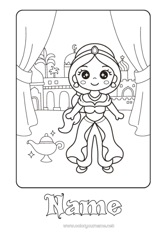 Coloring page to print Kawaii Princess Fairy tale Animated cartoon Famous princess