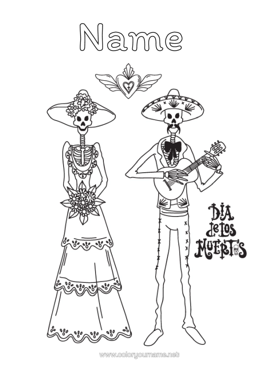 Colouring page to print Skeleton Skull Day Of The Dead Music Day Guitar Musical Instruments Marriage Bride