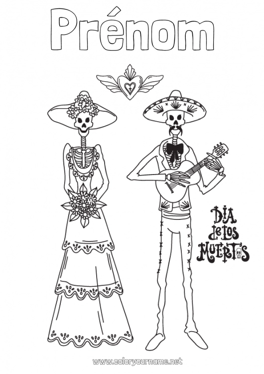 Coloriage à imprimer Squelette Crâne Día de los Muertos Fête de la musique Guitare Instruments de musique