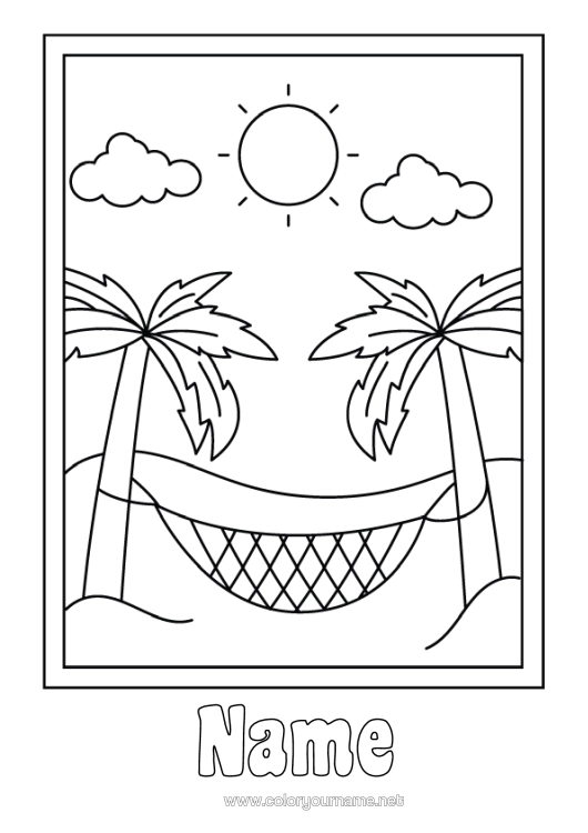 Colouring page to print Summer Palm Tree Hammock