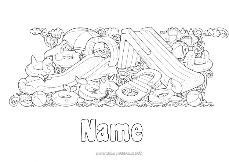 Coloring page to print Balloons Summer Complex coloring pages Parasol, Beach umbrella Buoy Games and toys Amusement park