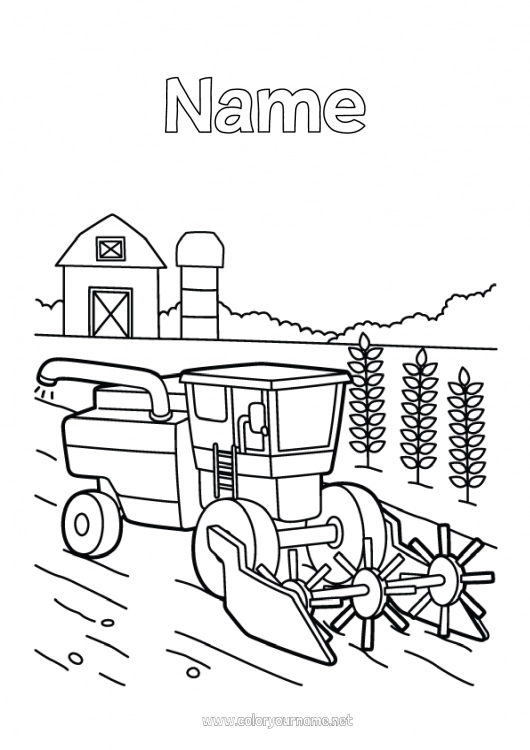 Coloring page to print Combine harvester Farm vehicles Farm Farmer Farm Professions