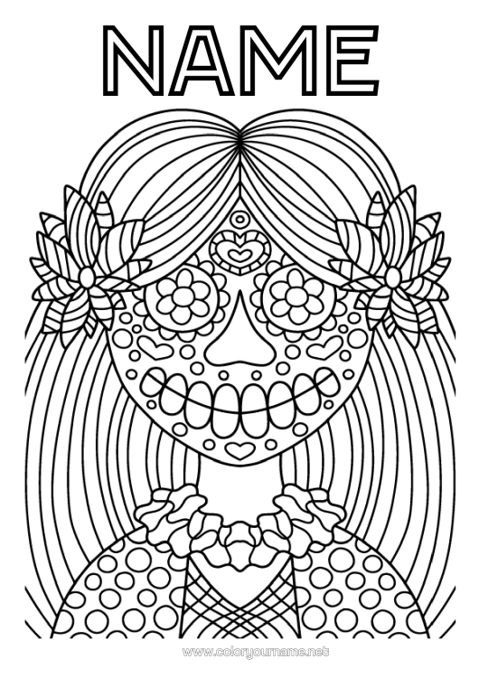 Colouring page to print Girl Skull Day Of The Dead Catrina