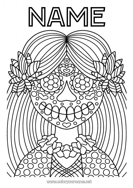 Coloring page to print Girl Skull Día de los Muertos Catrina