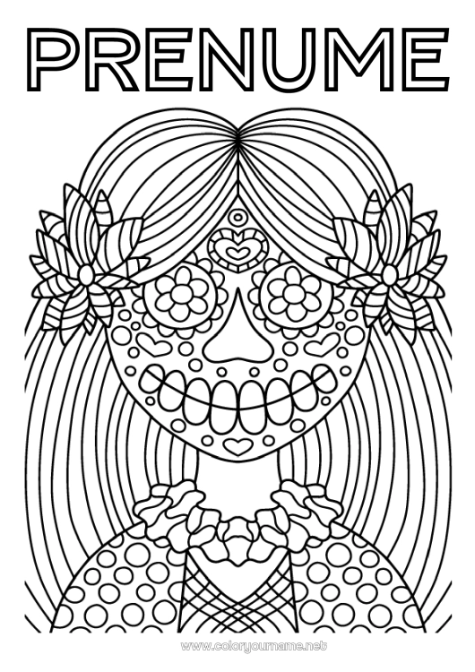Pagină de colorat de imprimat Fată Cranium Ziua Morților Catrina