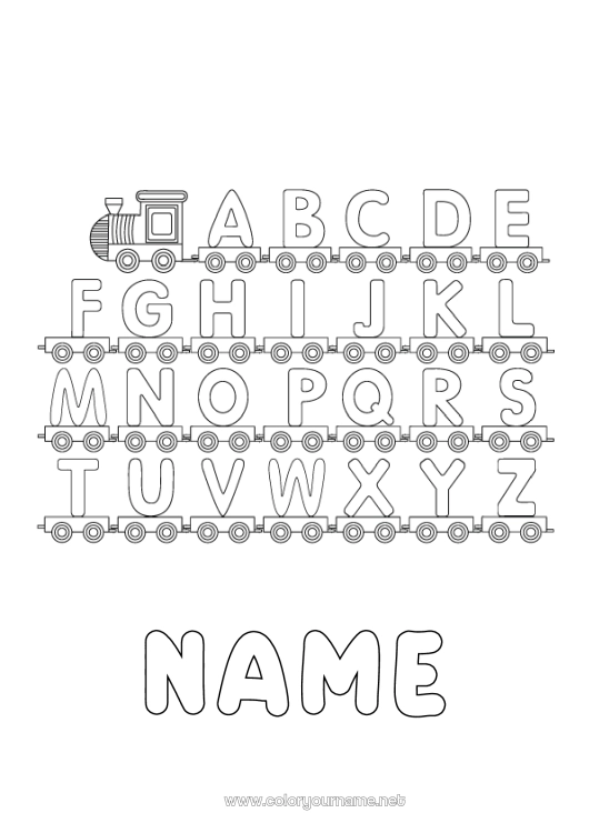 Coloring page to print Children's activities Train Alphabet Ground public transport