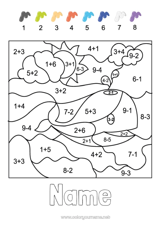 Coloring page to print Number Whale Coloring by numbers Children's activities Subtractions Additions Marine or aquatic animals