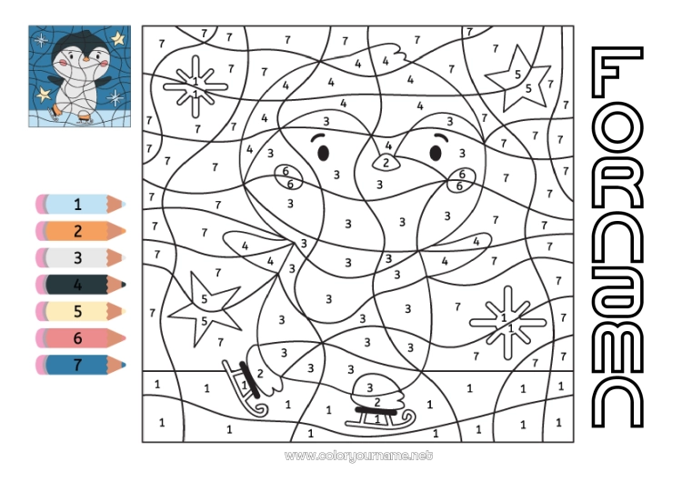 Färgläggningssida att skriva ut Vinter Siffra Pingvin, Pinguin Magiska målarbilder Barnaktiviteter Djur Fåglar och flygande däggdjur