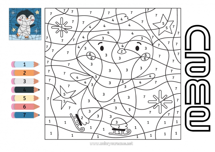 Coloring page to print Winter Number Penguin Coloring by numbers Children's activities Flying birds and mammals