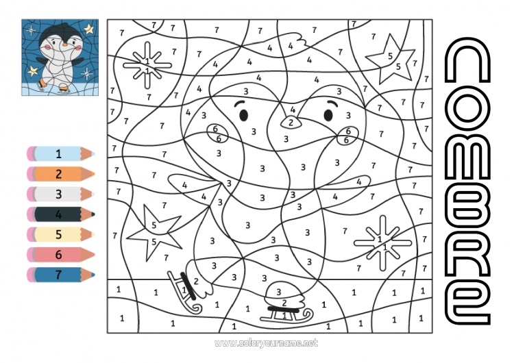 Dibujo para colorear para imprimir Invierno Número Pingüino Colorear por números Actividades para niños Aves y mamíferos voladores