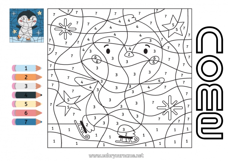 Pagina da colorare da stampare Inverno Numero Pinguino, Pinguino Colorare per numeri Attività per Bambini Uccelli e mammiferi volanti