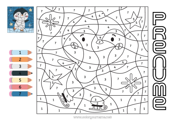 Pagină de colorat de imprimat Iarna Număr Pinguin, Pinguin de gheață Desene magice de colorat Activități pentru copii Animal Păsări și mamifere zburătoare