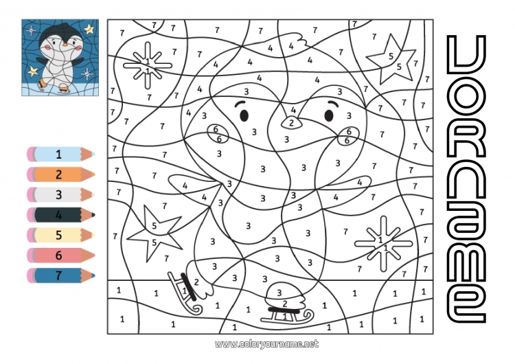Malvorlage zum Ausdrucken Winter Zahl Pinguin, Pinguin Malen nach Zahlen Kinderaktivitäten Vögel und fliegende Säugetiere
