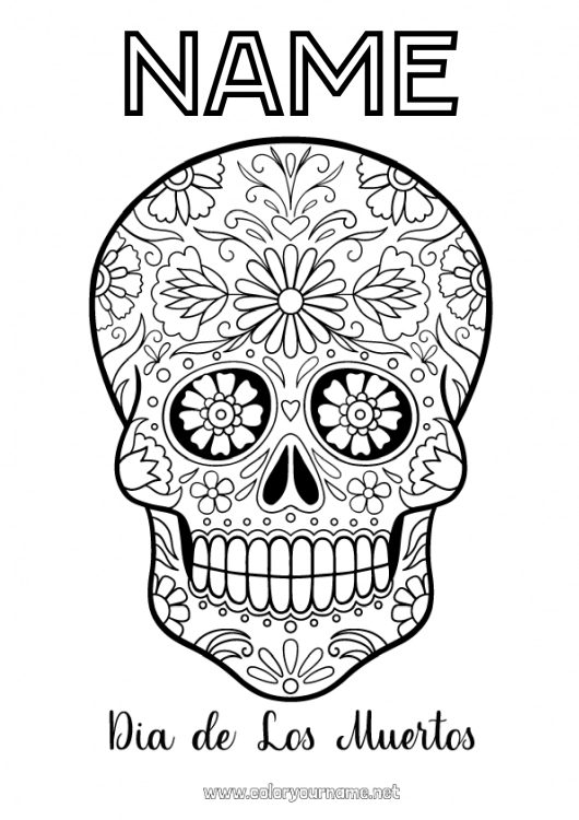 Coloring page to print Skull Día de los Muertos