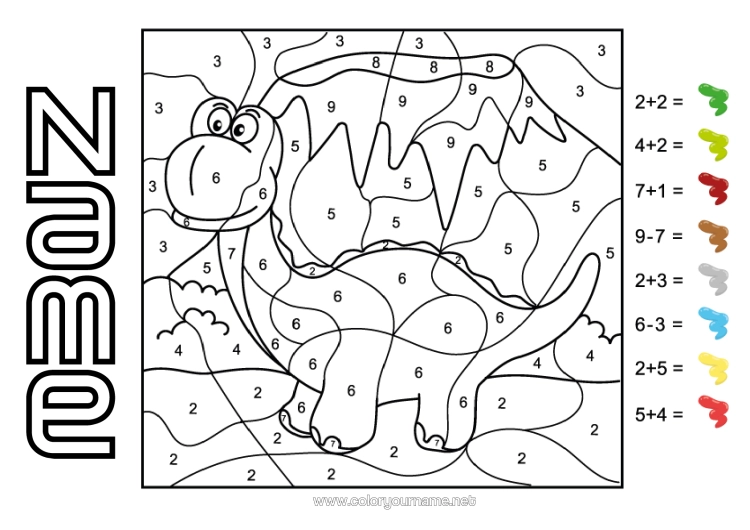 Colouring page to print Dinosaurs Figure Magic Colouring Books Children's Activities Animal Subtractions Additions Diplodocus