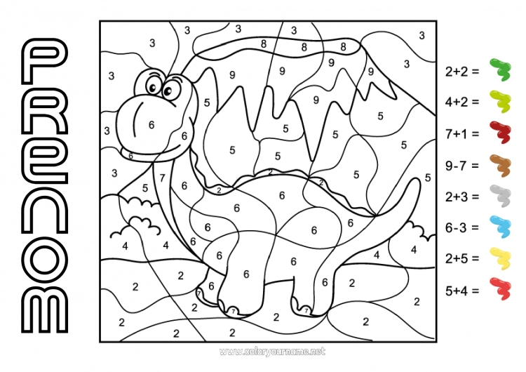 Coloriage à imprimer Dinosaures Chiffre Coloriages magiques Activités enfants Soustractions Additions Diplodocus