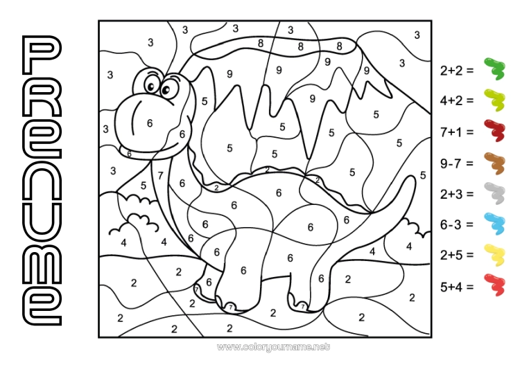Pagină de colorat de imprimat Dinozauri Număr Desene magice de colorat Activități pentru copii Animal Scăderi Adăugiri Diplodocus